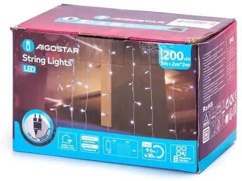 Aigostar - Ghirlandă LED de exterior pentru Crăciun, 200xLED/8 funcții, 5x2m, IP44, alb rece