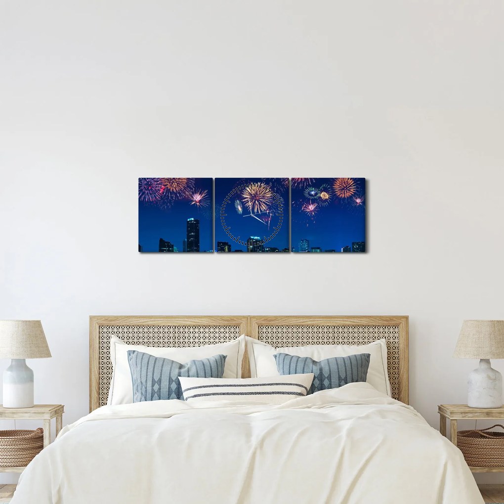 Tablou - Artificii in Miami (cu ceas) (90x30 cm)
