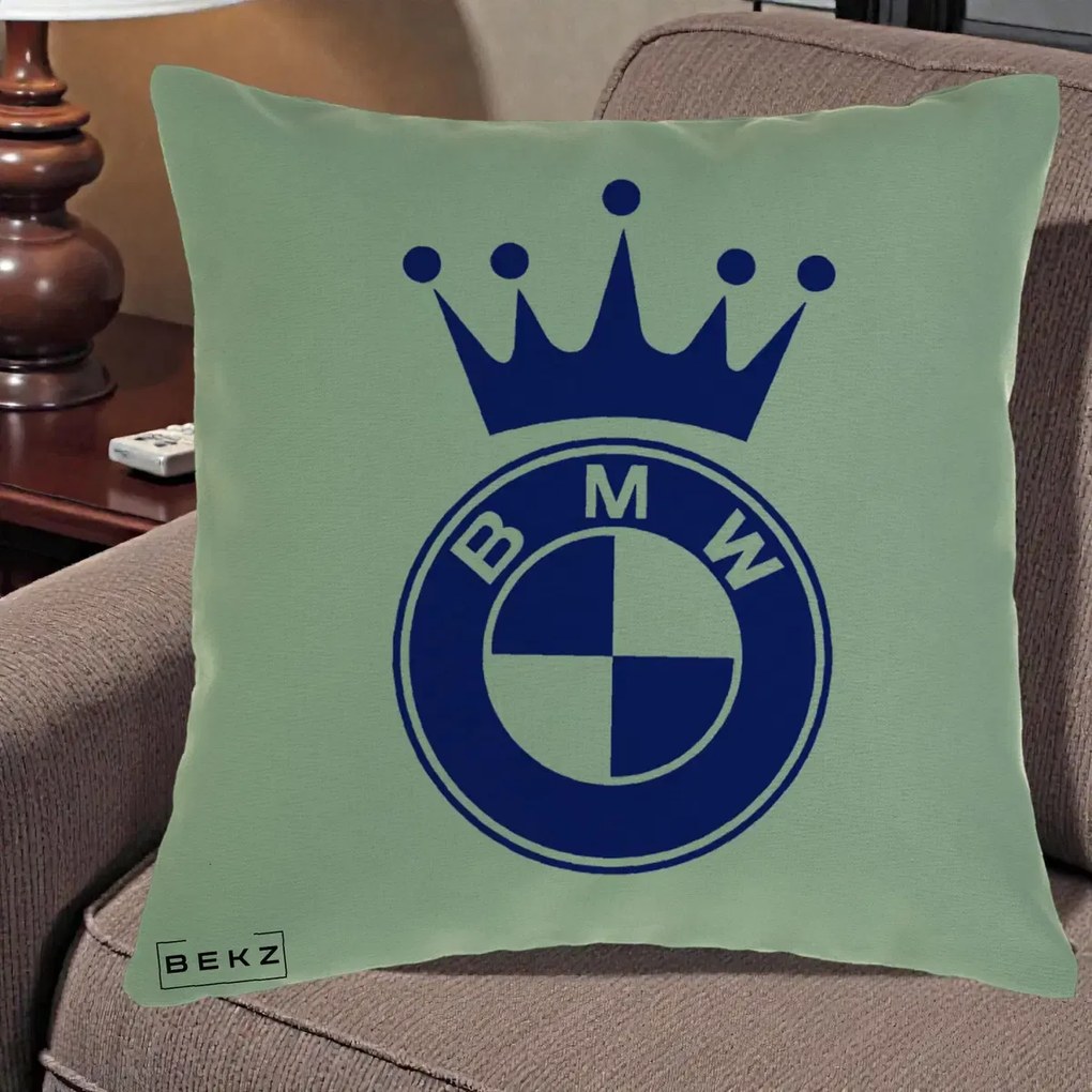 Perna Personalizata cu emblema BMW si Coroana, 40x40 cm, Verde, Husa Detasabila, Perna Inclusa, BEKZ®