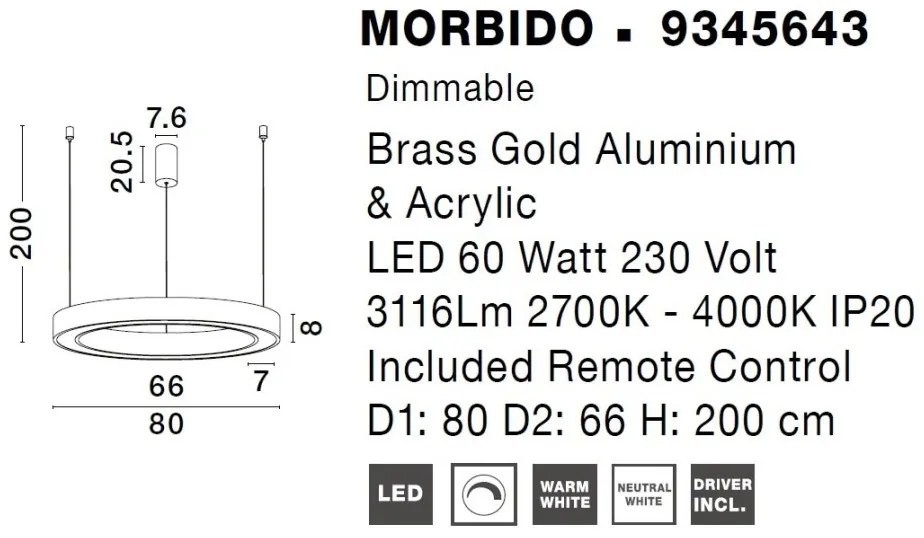 Pendul LED dimabil design modern MORBIDO alama, auriu 80cm