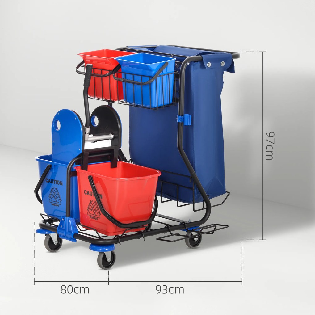 HOMCOM Cărucior pentru Curățenie cu Sac pentru Gunoi, 2 Găleți de 18L, 2 Găleți de 6L și Storcător, 93x80x97 cm, Roșu | Aosom Romania