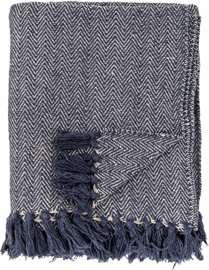 Patura din bumbac reciclat, albastru, model în spic în tonuri natur, franjuri decorative, finisaj țesut, 160 x 130 cm, „Herringbone”