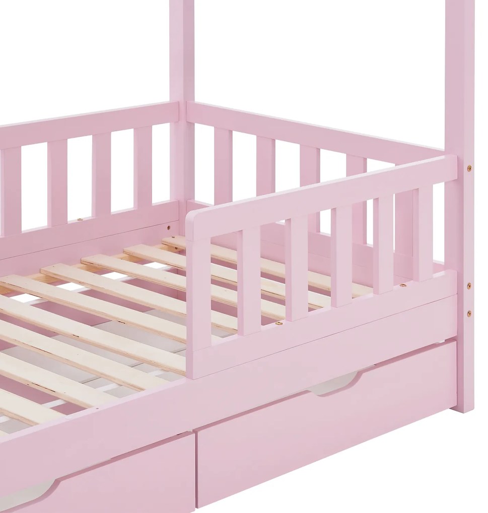 Patut Marli 90 x 200 cm cu 2 sertare si grilaj sipci - roz