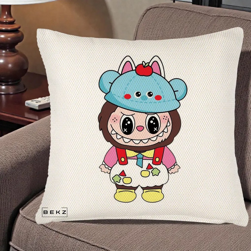 Perna Personalizata Labubu x Urs Albastru Colorat, 40x40 cm, Crem Reliefat, Husa Detasabila, Perna Inclusa, BEKZ®