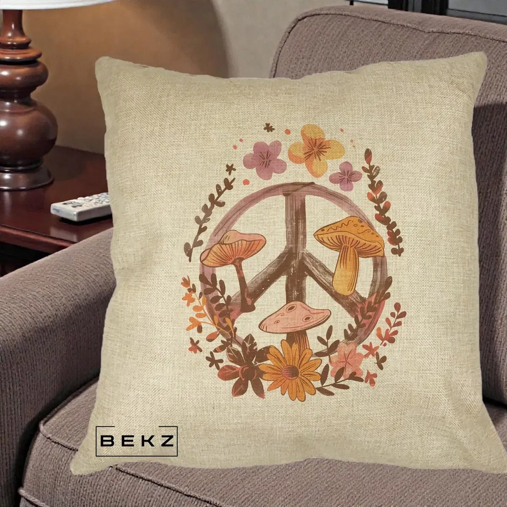 Perna Decorativa Peace Sign Ciuperci Floral, 40x40 cm, Crem, Husa Detasabila, Perna Inclusa, BEKZ®