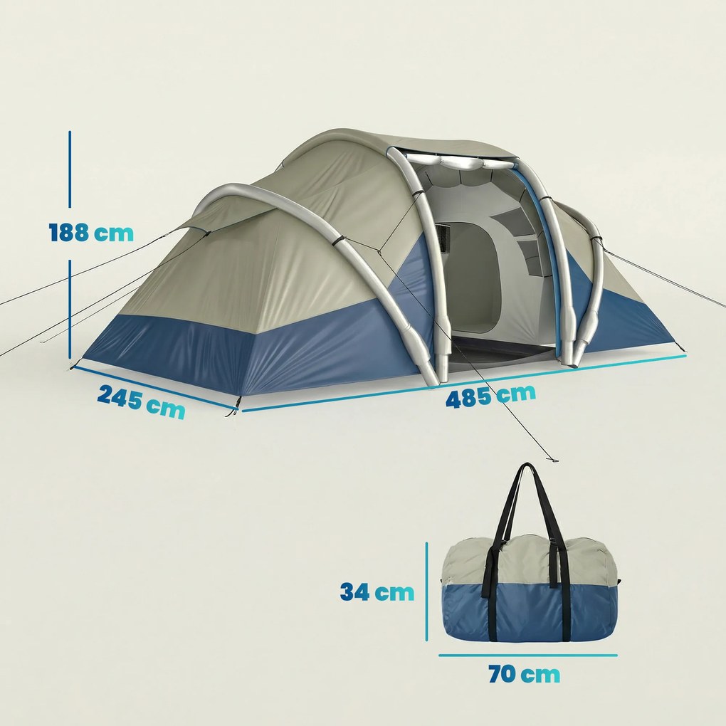 Outsunny Cort gonflabil 4 persoane Montare rapidă Camping exterior cu 2 dormitoare, ferestre din plasă, pridvor | Aosom Romania