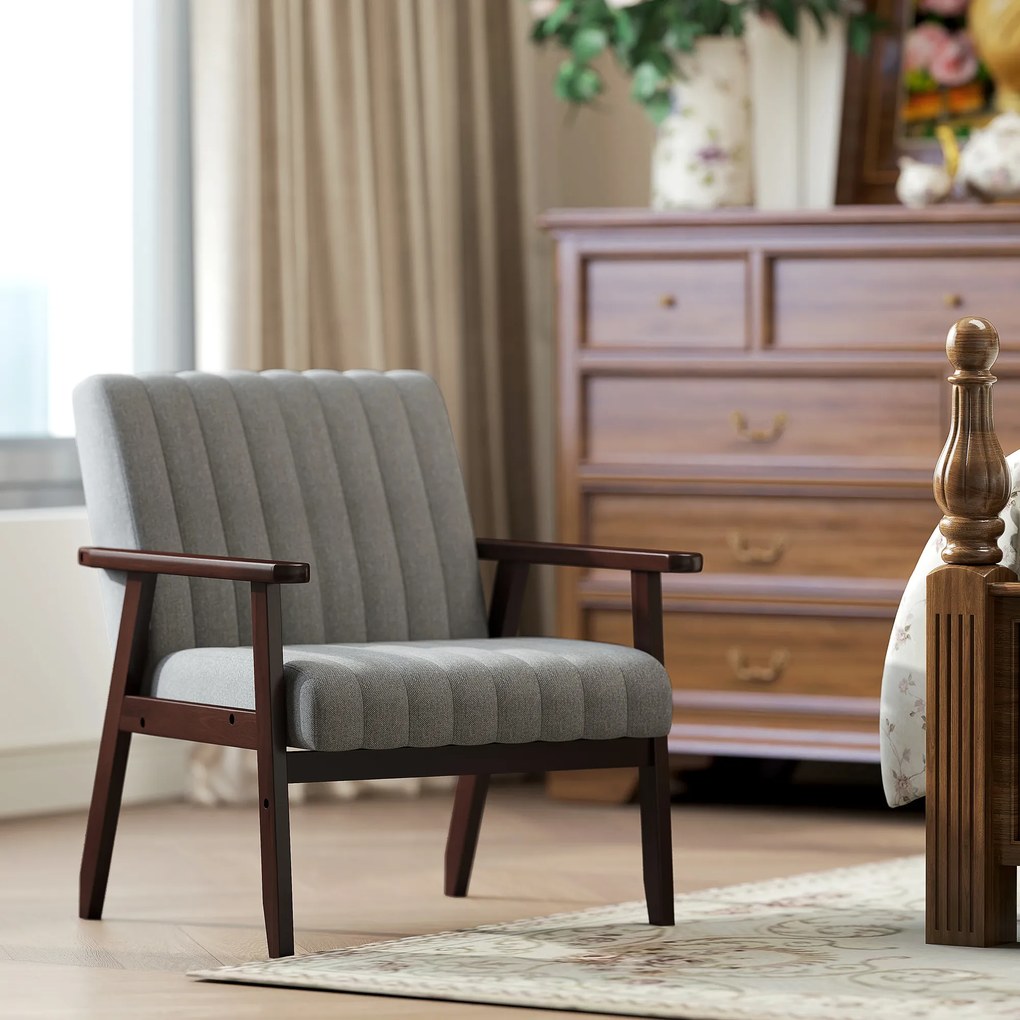 HOMCOM Fotoliu Tip Scaun din Material, Fotoliu Capitonat pentru Dormitor, Sufragerie, cu Picioare din Lemn, 64x74,5x75,5 cm, Gri | Aosom Romania