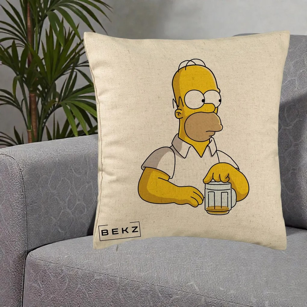 Perna Personalizata Homer Simpson cu Bere, 40x40 cm, Bej, Husa Detasabila, Perna Inclusa, BEKZ®