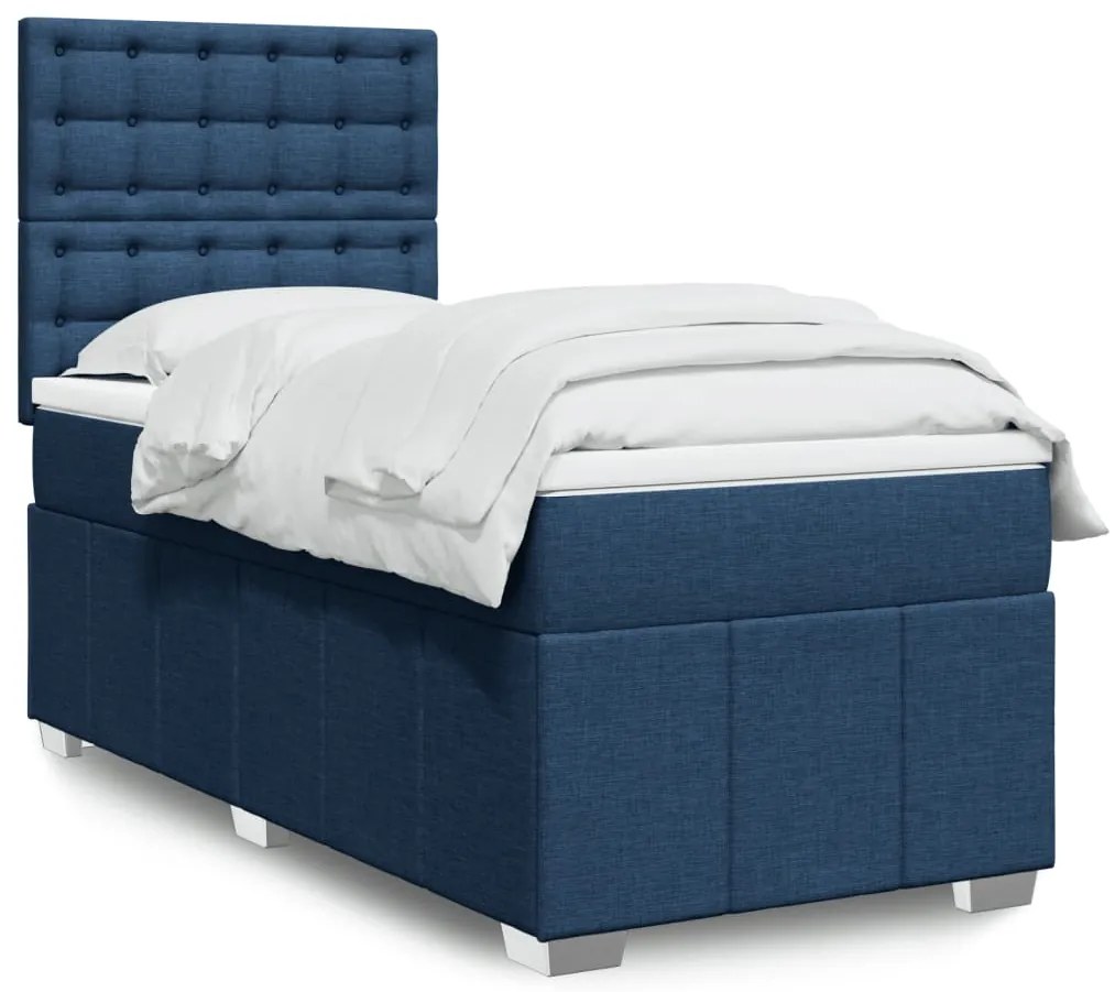 vidaXL Pat box spring cu saltea, albastru, 90x190 cm, textil