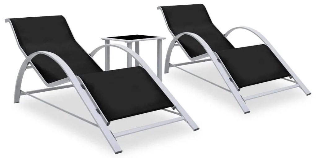 vidaXL Șezlonguri de plajă cu masă, 2 buc., negru, aluminiu