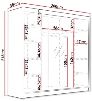 Dulap de haine cu uși culisante Fozzurt VI 200 (Negru + Alb + auriu) (cu oglindă). 1105706