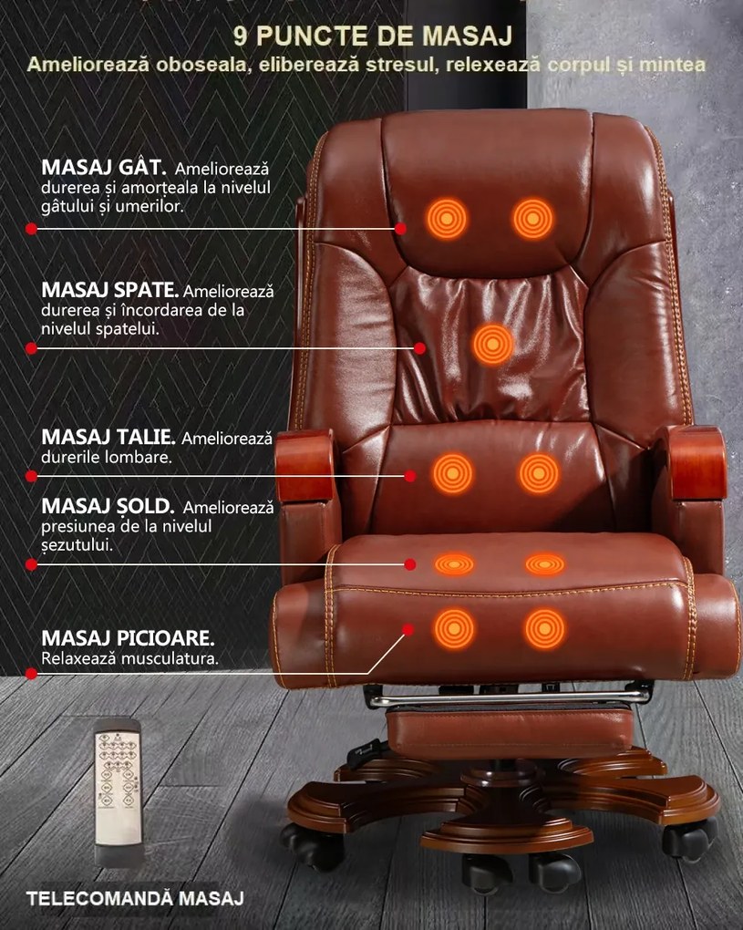 Scaun directorial din piele naturala si lemn masiv, Masaj in 9 puncte si Incalzire, rezistent 150 kg, Maro