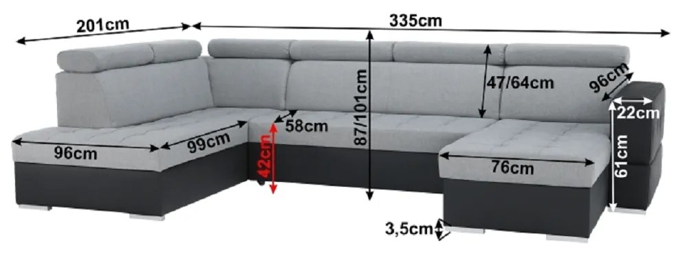Colţar extensibil, piele ecologică negru/material textil gri deschis, dreapta, VASTO