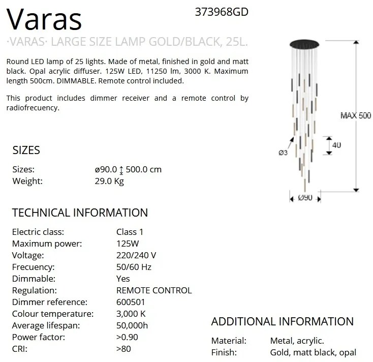 Lustra XXL dimabila cu telecomanda 25 pendule LED design modern Varas auriu/negru SV-373968GD