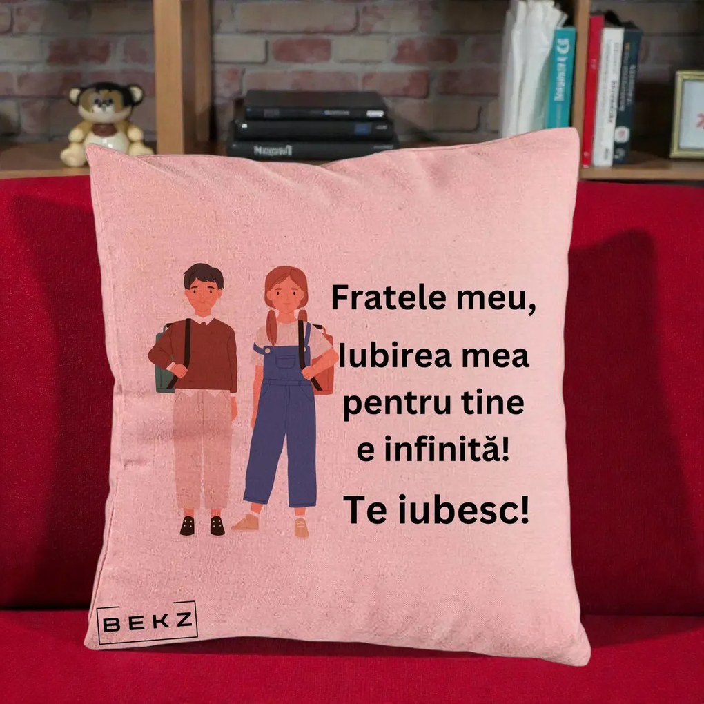 Cadou pentru Frate - Perna Personalizata Fratele Meu Te Iubesc Elevi Ilustratie Colorata, 40x40 cm, Roz, Husa Detasabila, Perna Inclusa, BEKZ®