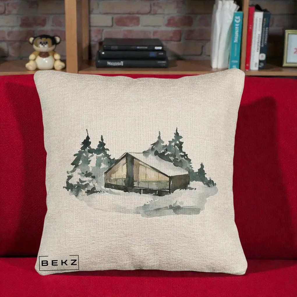 Perna Decorativa Cabana de Iarna in Padure, 40x40 cm, Bej Canapea, Husa Detasabila, Perna Inclusa, BEKZ®