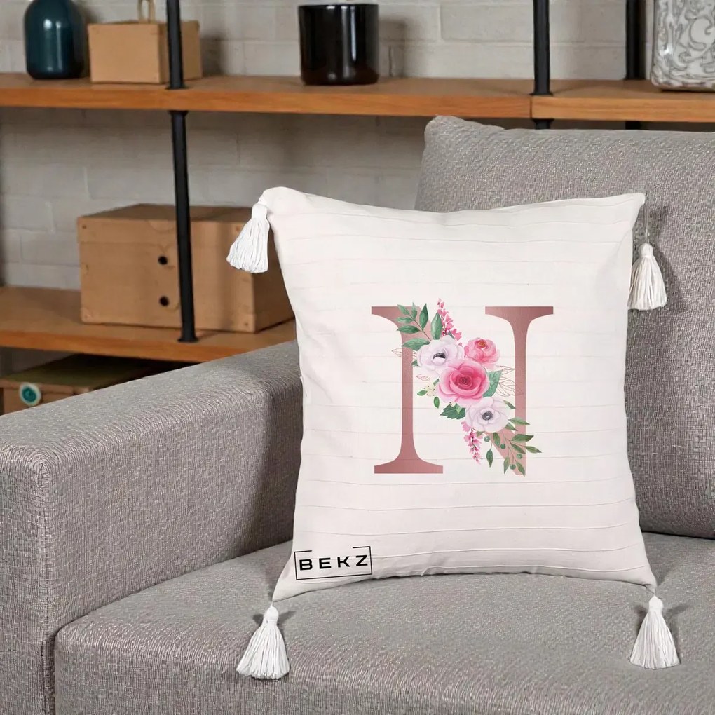 Cadou Personalizat - Perna Personalizata Monograma Rose Gold Litera N, 40x40 cm, Bej cu Franjuri, Husa Detasabila, Perna Inclusa, BEKZ®