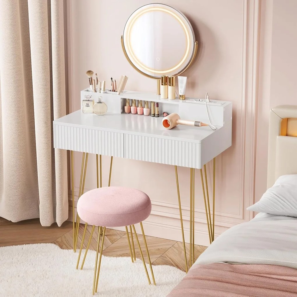 Masuta machiaj cu Oglinda LED si 2 Sertare pentru Cosmetice, Set Masa toaleta 80 cm sau 100 cm, Alb, masuta cosmetica, vanity - SEA801
