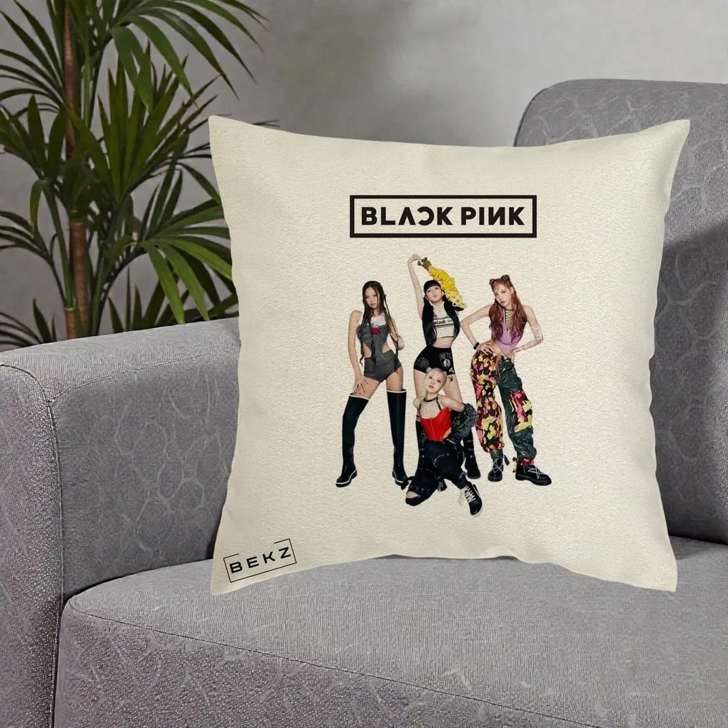 Perna Personalizata K-pop BLACKPINK Fotografie de Grup, 40x40 cm, Ecru, Husa Detasabila, Perna Inclusa, BEKZ®