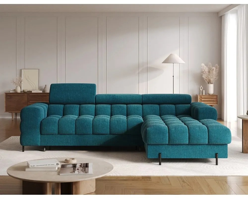 Colțar albastru extensibil/cu spațiu de depozitare cu tapițerie din țesătură bouclé (cu colț pe partea dreaptă/cu șezlong) Felro – ELTAP