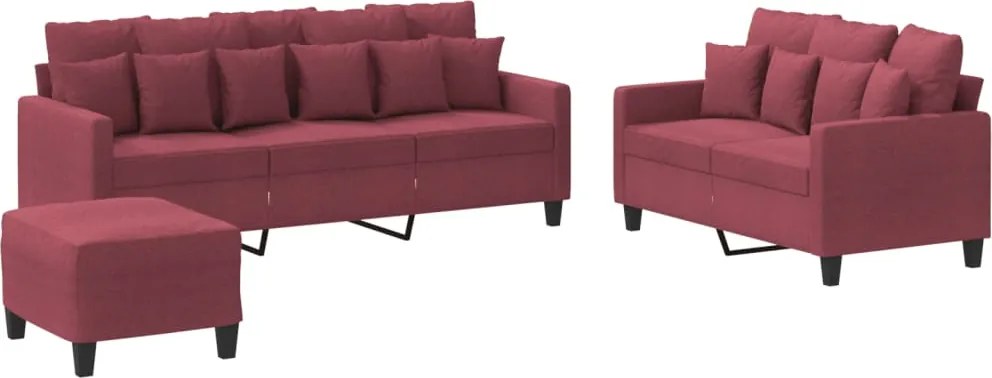 vidaXL Set canapea cu perne, 3 piese, roșu vin, material textil