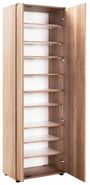 Pantofar Adore Porto, 2 usi reversibile cu oglinda, 10 rafturi, capacitate 28 perechi incaltaminte, Alb / Stejar, 60 x 35 x 187 cm