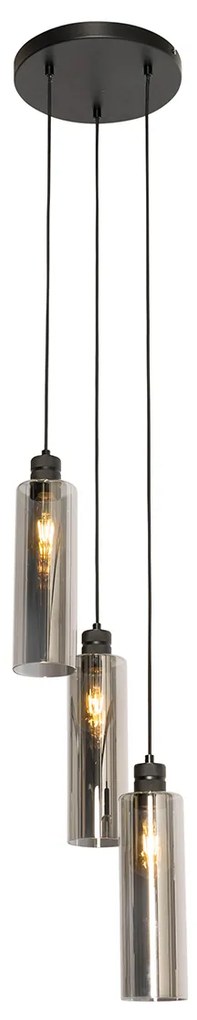 Lampă modernă cu pandantiv neagră cu sticlă fumurie cu 3 lumini - Stavelot