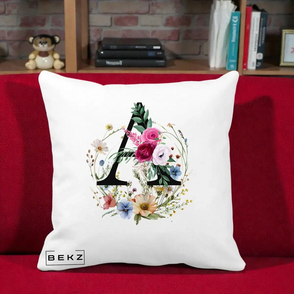 Cadou Personalizat - Perna Personalizata Monogram Litera A cu Flori Acuarela, 40x40 cm, Alba Mata, Husa Detasabila, Perna Inclusa, BEKZ®