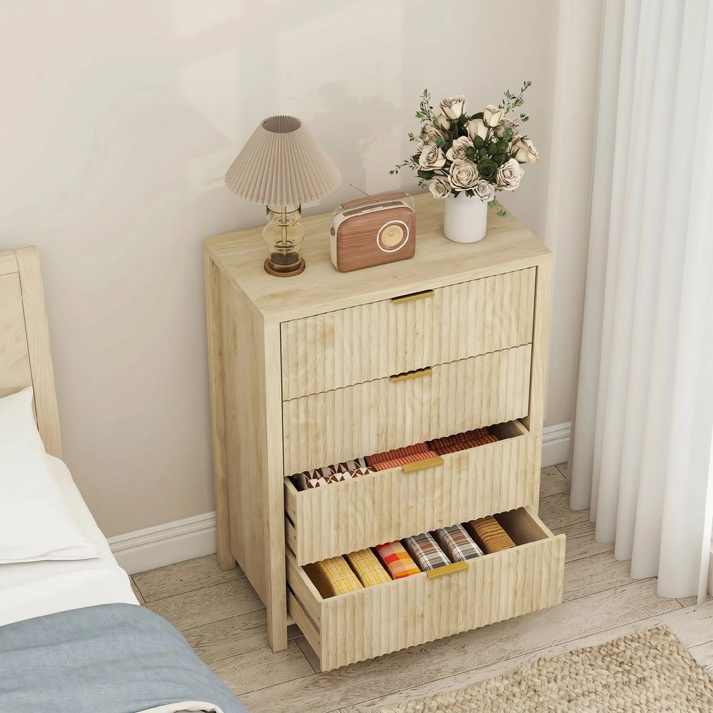 HOMCOM Comodă pentru Dormitor cu 4 Sertare Canelate, Comodă din Lemn cu Mânere Aurii, pentru Sufragerie, Sala de Mese și Hol, 70x38x93 cm, Lemn Natural | Aosom Romania