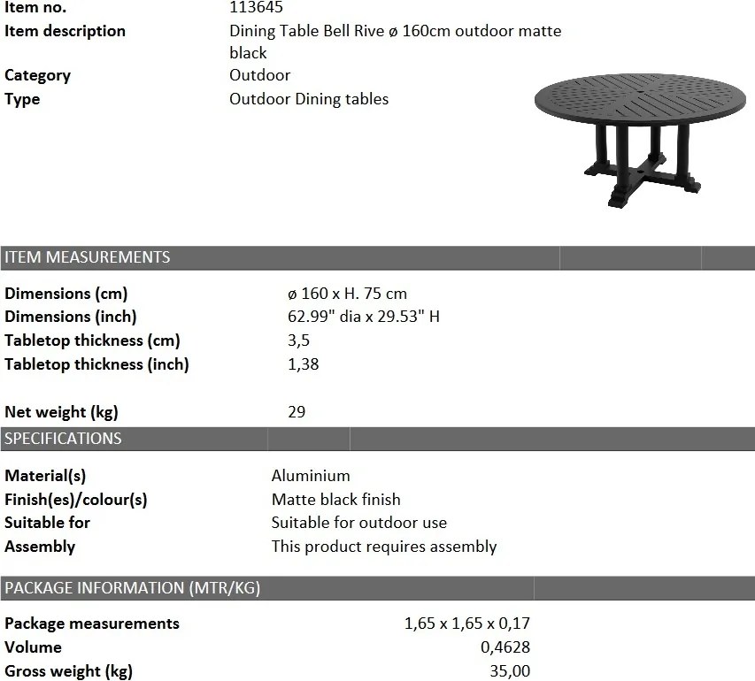 Masa pentru interior si exterior Bell Rive negru, 160cm 113645 HZ