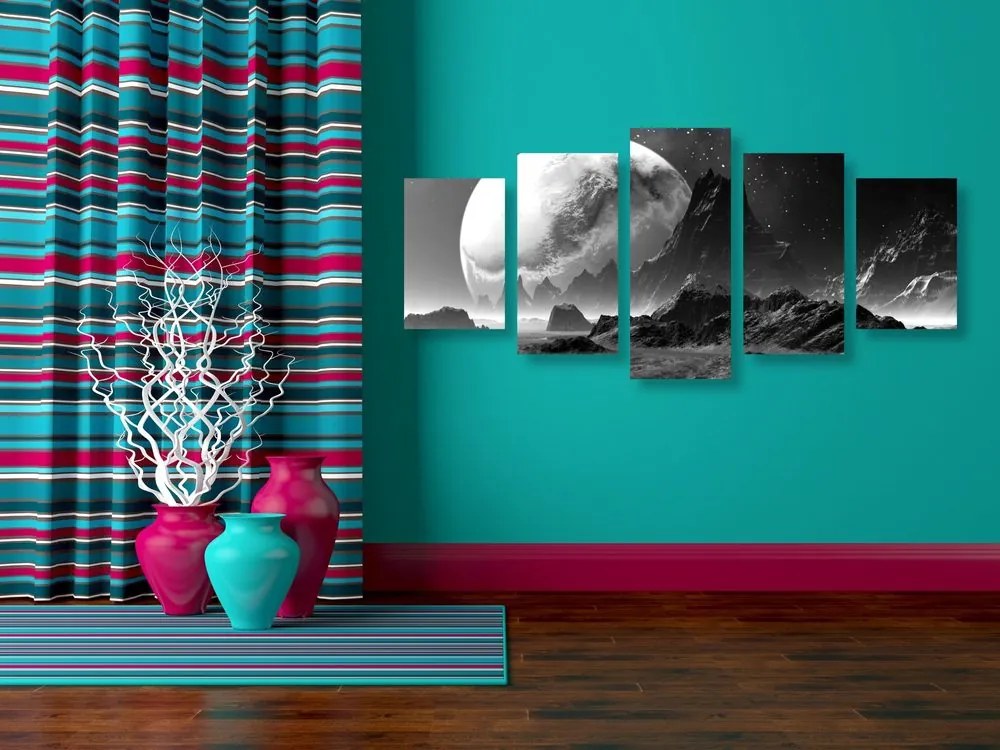 Tablou 5-piese peisajul fantasy în design alb-negru