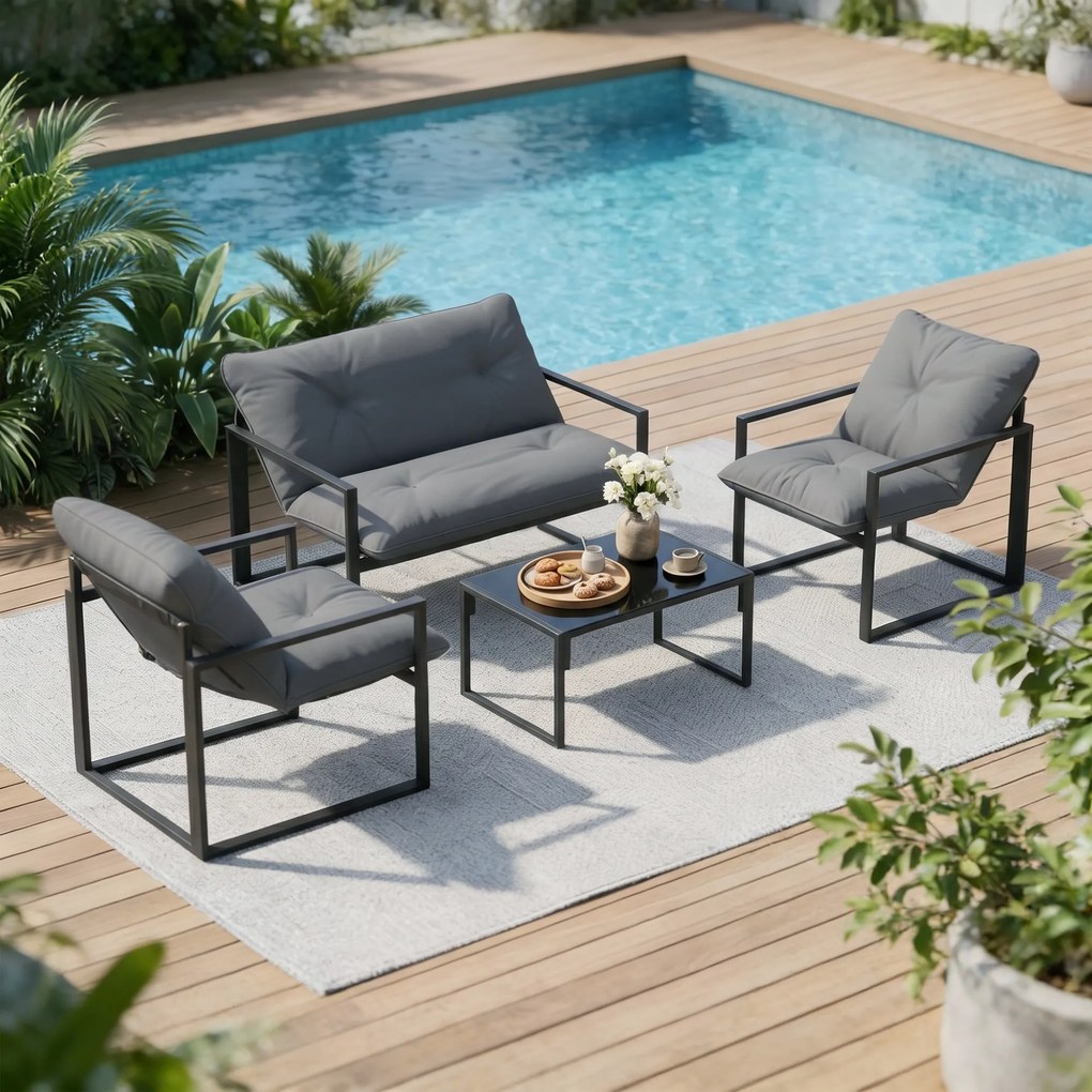 Outsunny Set Mobilier de Exterior cu Măsuță din Sticlă, Canapea, 2 Fotolii și Perne, Gri | Aosom Romania
