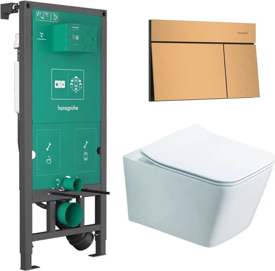 Rezervor incastrat Hansgrohe iFrame 112 cm cu clapeta iFrame Element E bronz periat plus vas WC Rune Jord alb cu capac softclose
