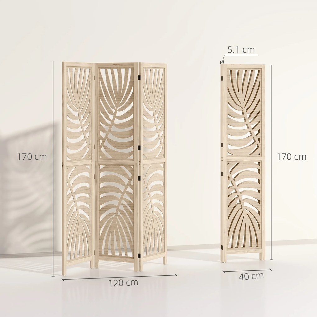 HOMCOM Paravan cu 3 Panouri, Separator Pliabil cu Design Frunze pentru Interior, Finisaj Natural | Aosom Romania