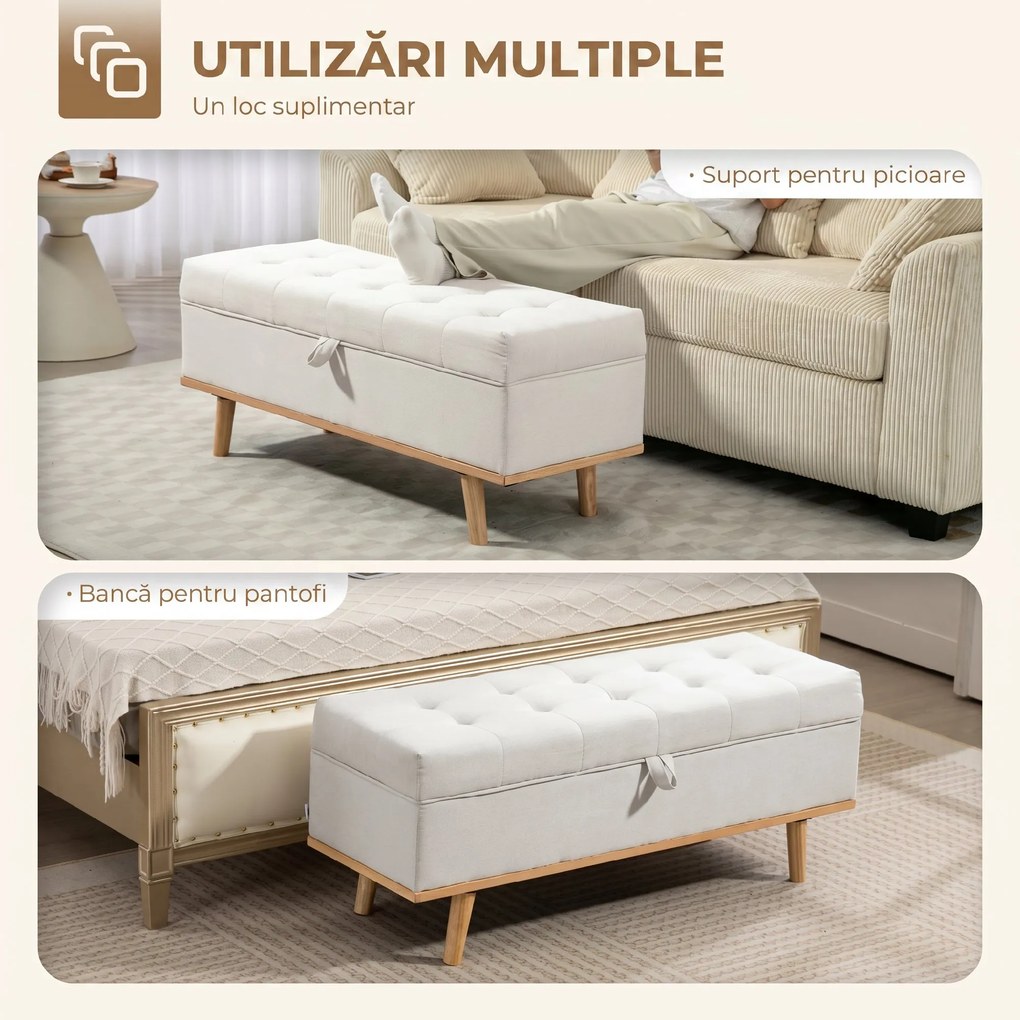 HOMCOM Taburet depozitare 80L, material textil, picioare lemn, 118x42x45 cm, crem | Aosom Romania