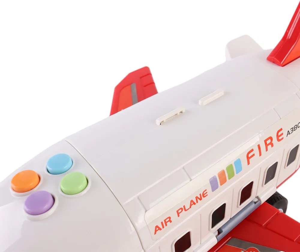 Avion de transport pentru pompieri cu 4 mașini de pompieri, accesorii, efecte luminoase și sonore