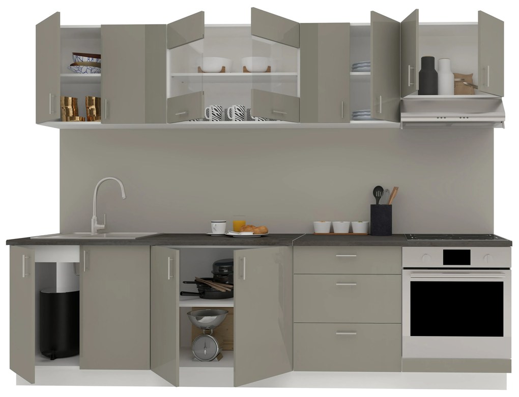 Set Bucatarie Karo V22, Gri Lucios/Alb, MDF, Blat Thermo 28 mm, L 280 cm