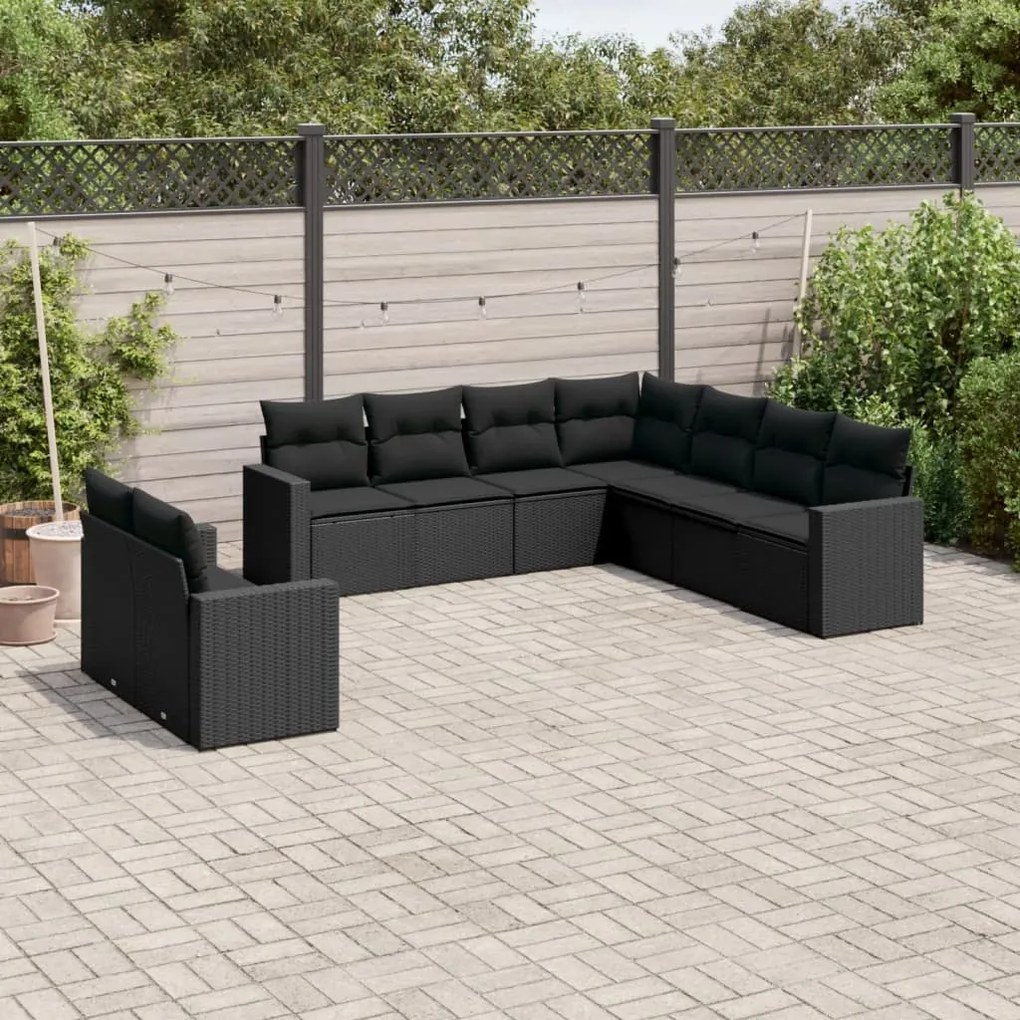 3219135 vidaXL Set mobilier de grădină cu perne, 9 piese, negru, poliratan