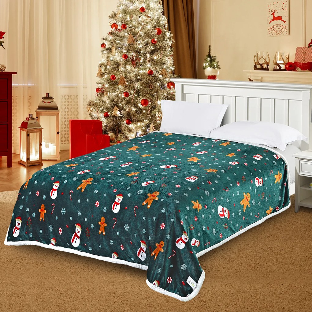 Patura miel de Craciun din microplus SNOWMAN AND GINGERBREAD verde inchis Dimensiuni: 200 x 220 cm