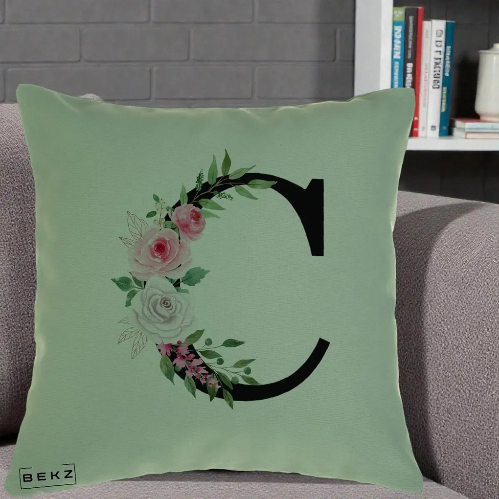 Cadou Personalizat - Perna Personalizata Monograma Florala Litera C, 40x40 cm, Verde, Husa Detasabila, Perna Inclusa, BEKZ®