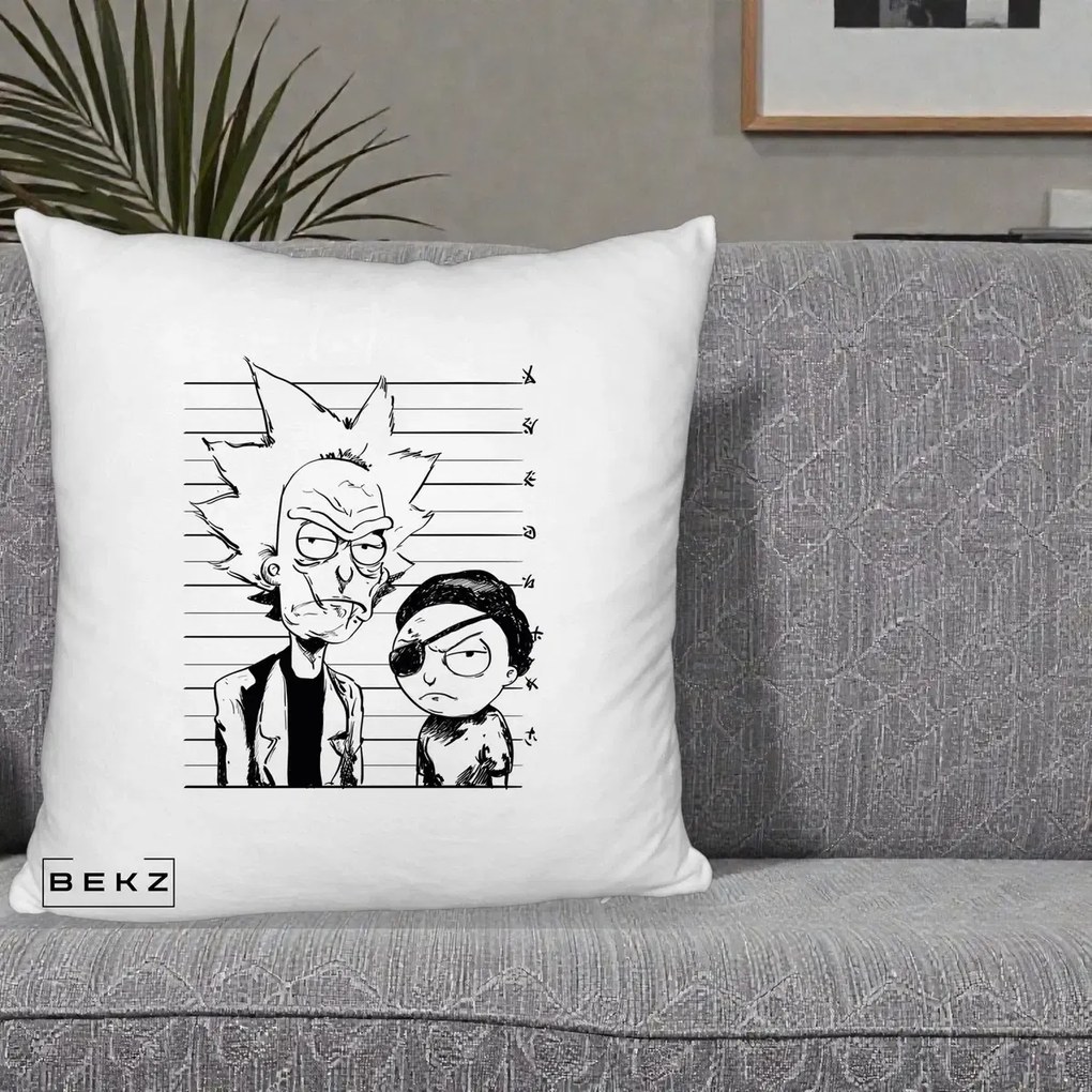 Perna Personalizata Rick si Morty Dosar, 40x40 cm, Alb Pufos, Husa Detasabila, Perna Inclusa, BEKZ®