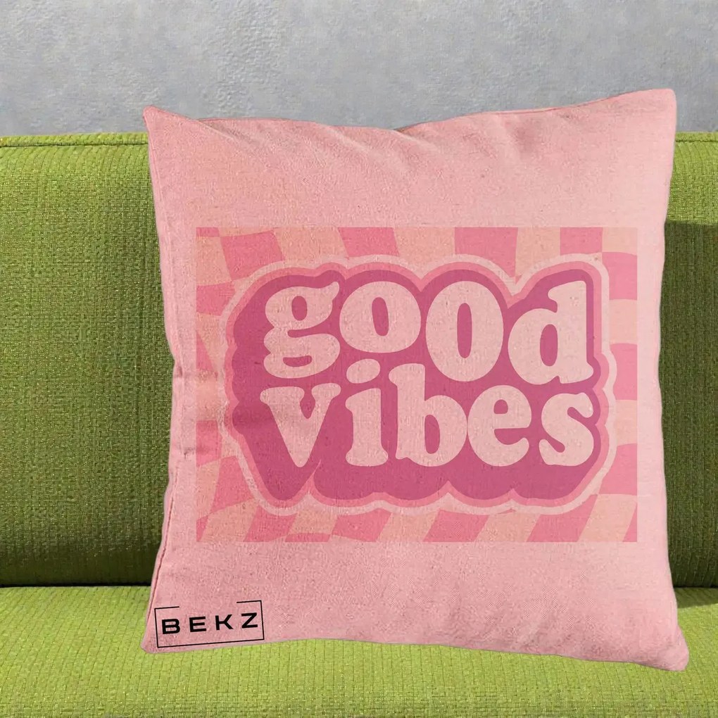 Perna Decorativa Good Vibes Retro Roz, 40x40 cm, Roz, Husa Detasabila, Perna Inclusa, BEKZ®