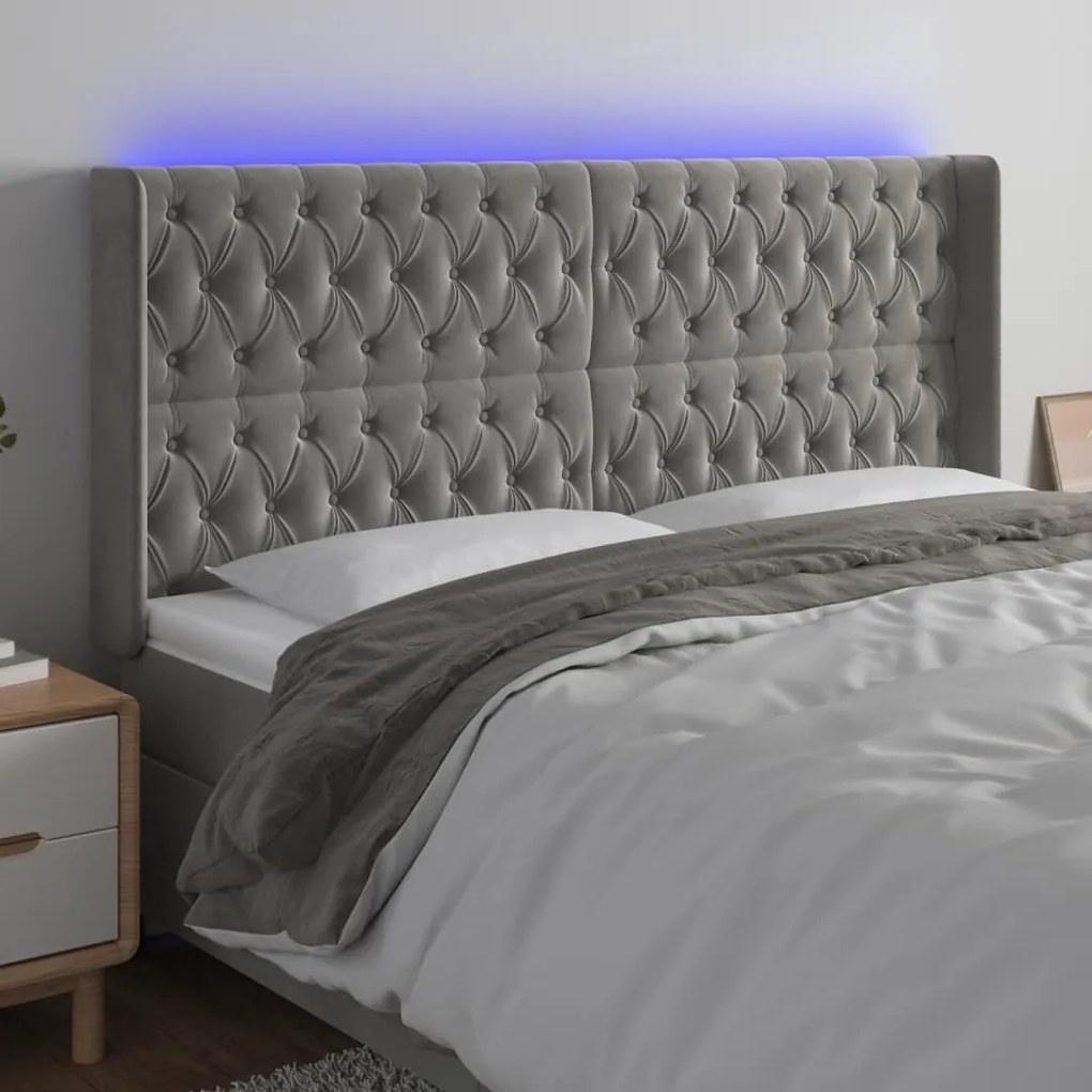 vidaXL Tăblie de pat cu LED, gri deschis, 183x16x118/128 cm, catifea