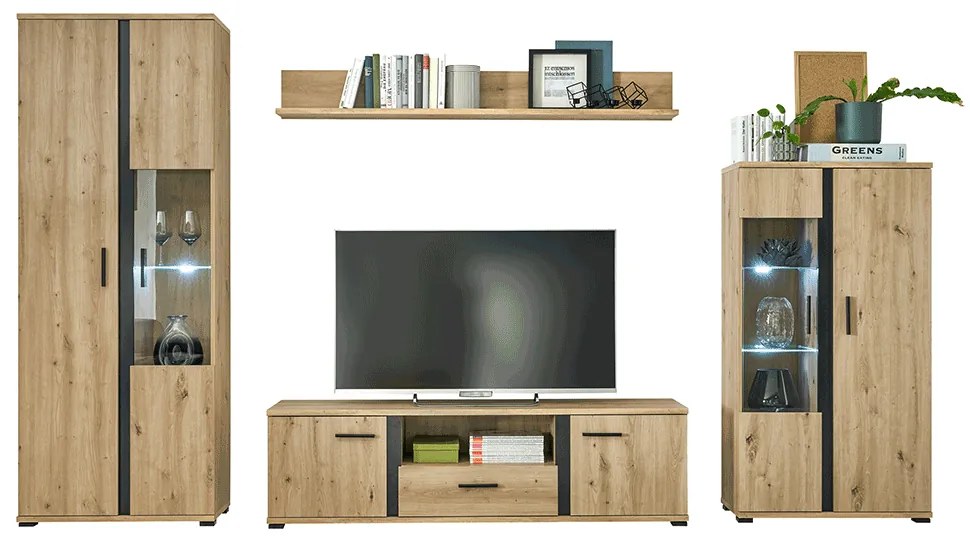 Perete living, stejar artizan / negru, KANODE