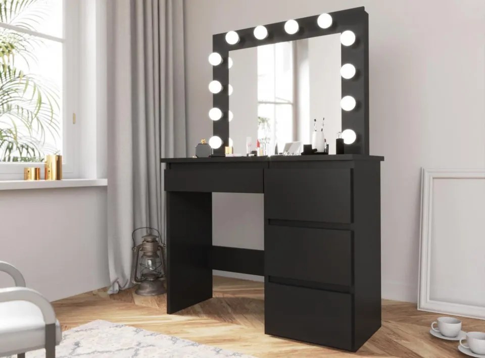 Masuta machiaj cu Oglinda LED si 4 Sertare pentru Cosmetice, Negru, masuta cosmetica, vanity - SEN505