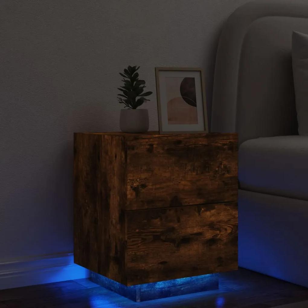 Noptiera cu lumini LED, stejar fumuriu, lemn prelucrat