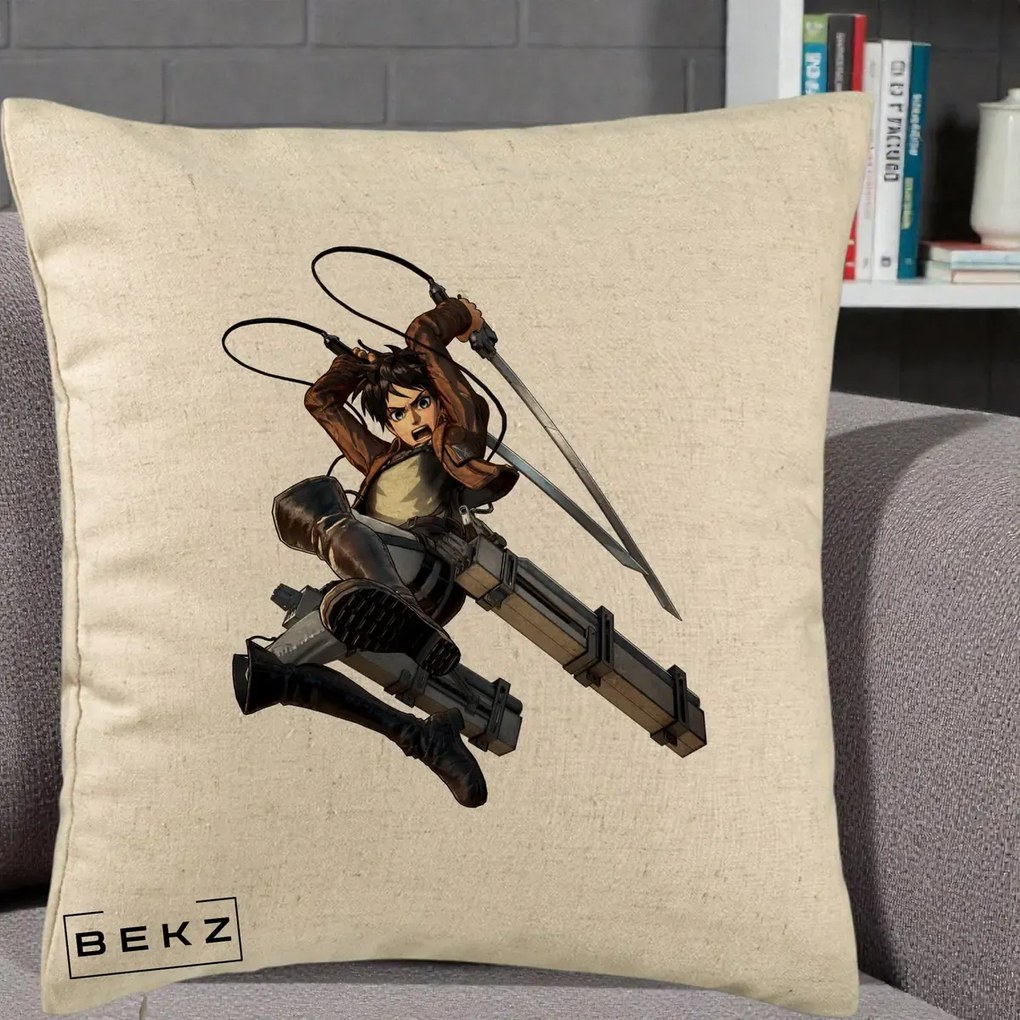 Perna Personalizata Attack on Titan Eren Yeager Lupta, 40x40 cm, Bej, Husa Detasabila, Perna Inclusa, BEKZ®