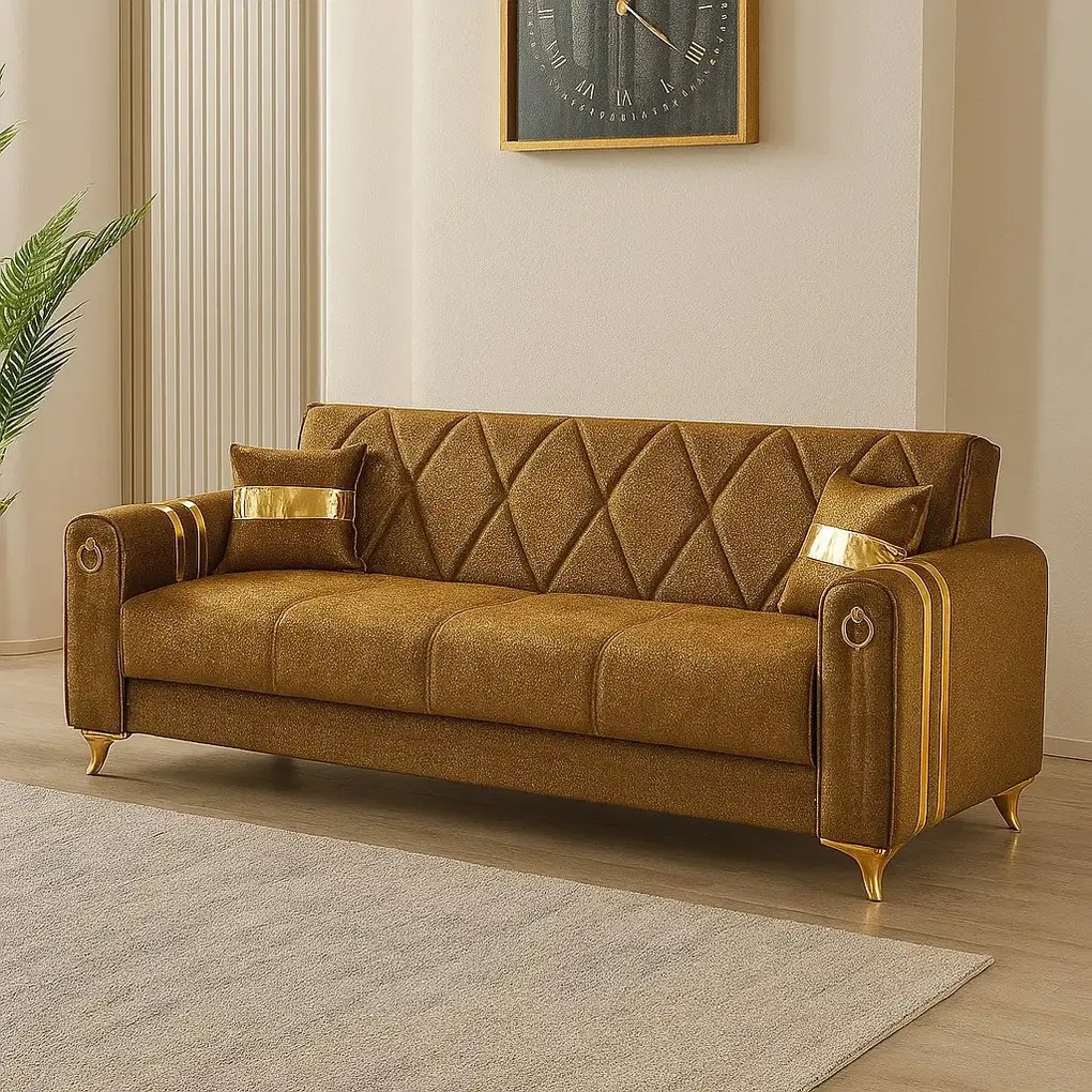 Canapea extensibila cu lada de depozitare 220x87x93 cm, maro si detalii aurii – Camara