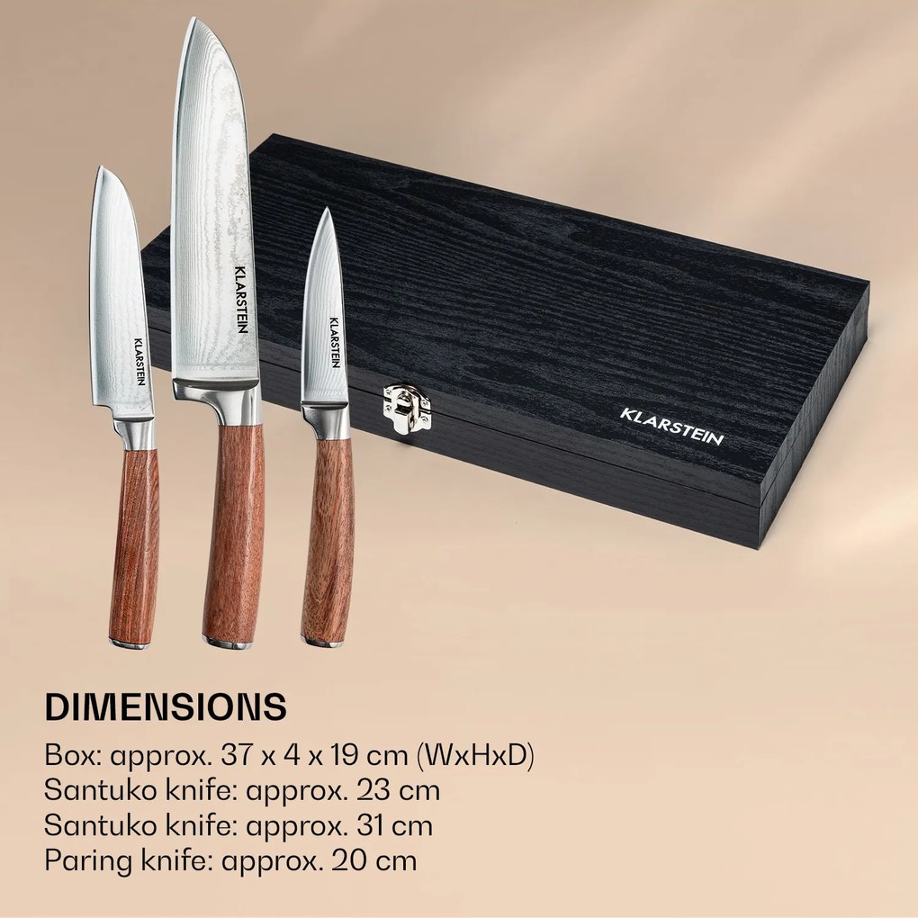 Kishiko, set de cuțite, oțel de damasc, 3 bucăți, foarte ascuțite, mânere din lemn de trandafir