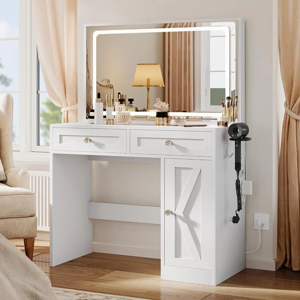 Masuta machiaj cu Oglinda LED si 2 Sertare pentru Cosmetice, Set Masa toaleta 90 cm, Alb, masuta cosmetica, vanity - SEA498